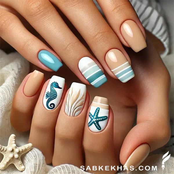 طرح ناخن سفید و آبی 1404